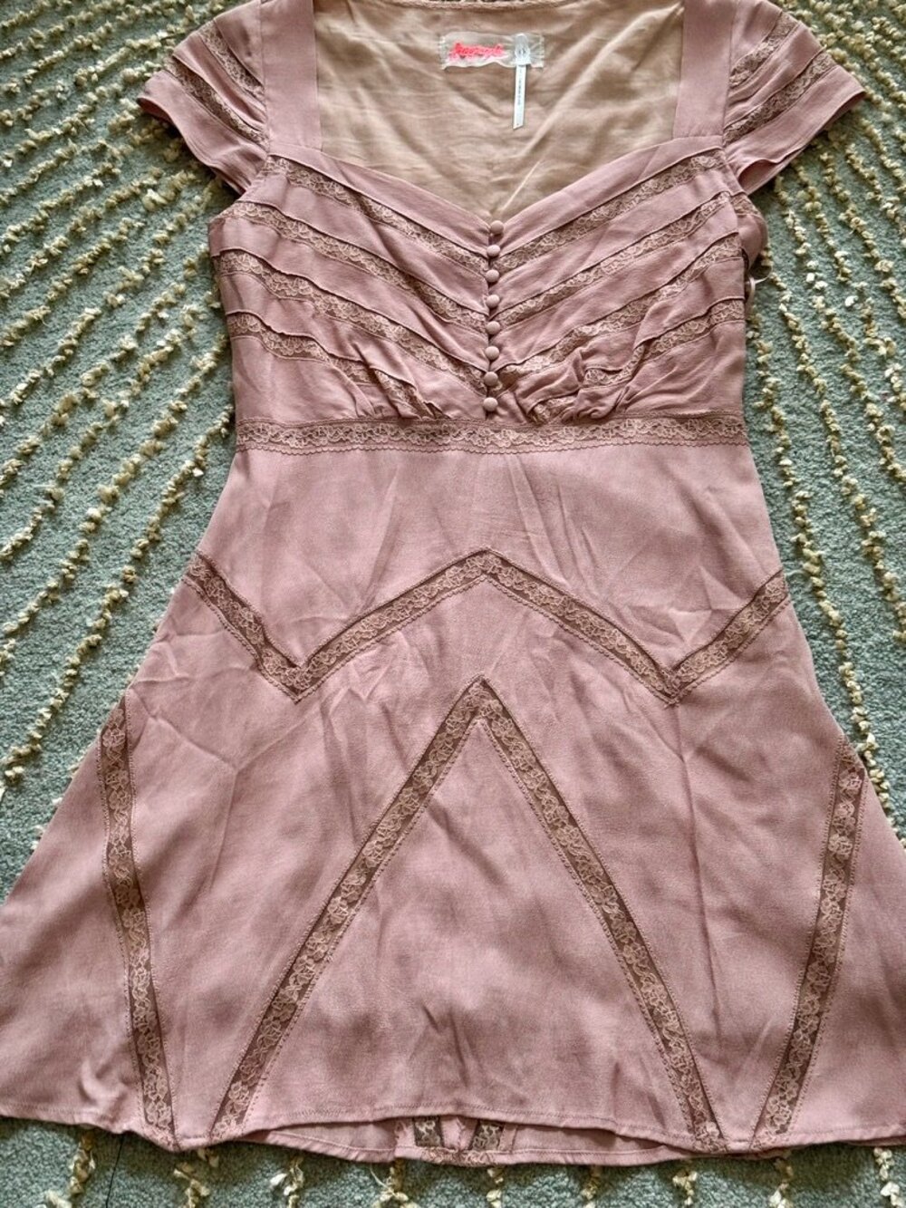 Free People Dusty Pink Elle Lace Shadow Stripe Mini Dress 8 - Picture 3 of 16